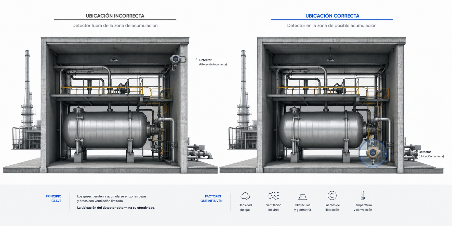 Ejemplo de ubicación correcta e incorrecta de un detector de gas industrial.