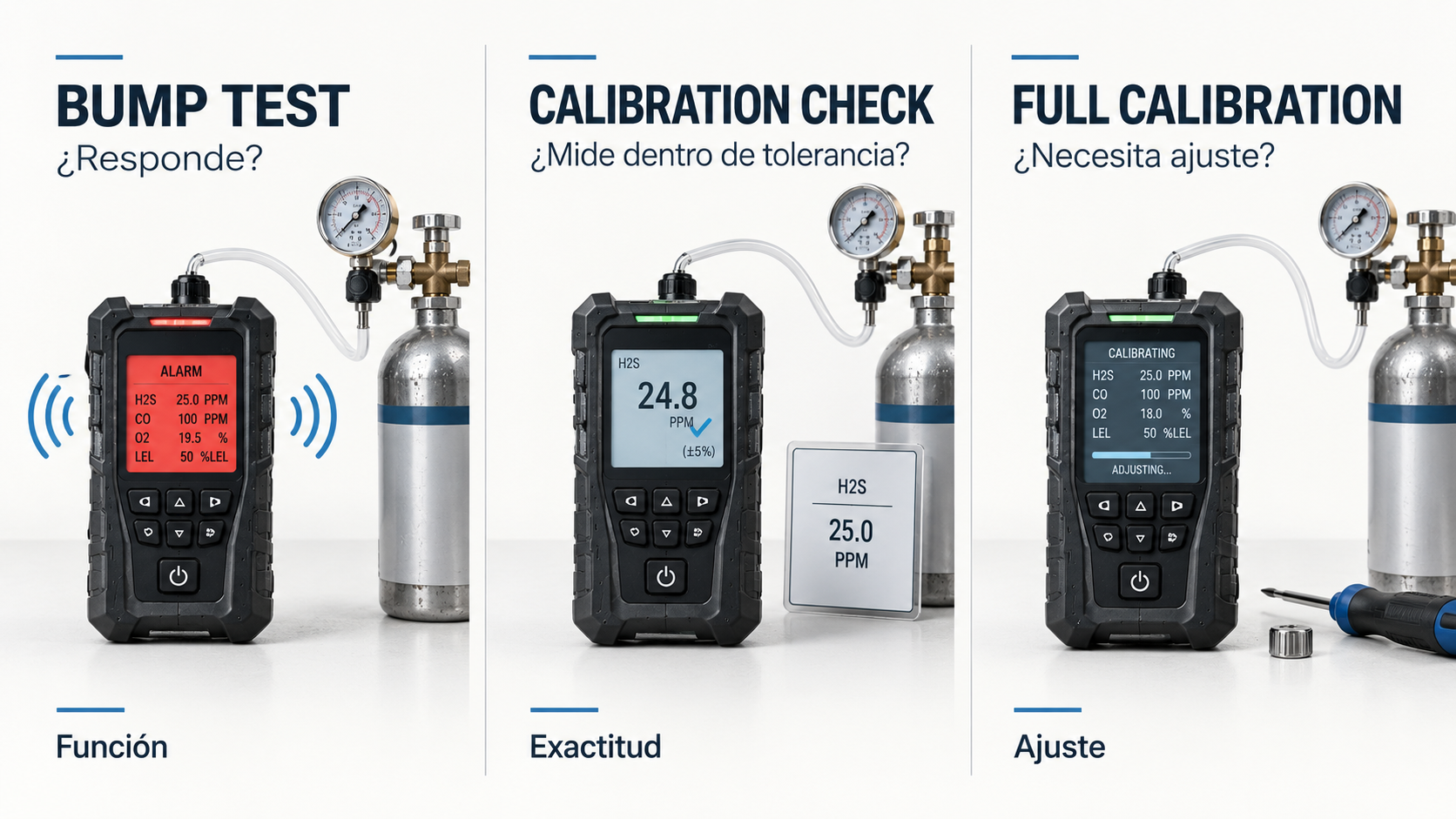 Comparación entre bump test, calibration check y calibración completa de un detector de gas