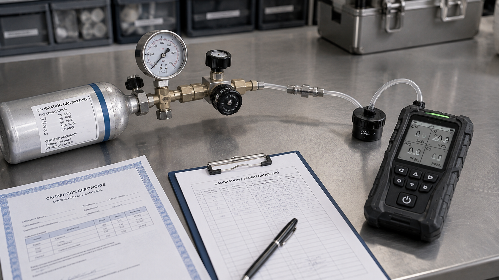 Cadena de calibración con cilindro de gas, regulador, tubing y detector portátil