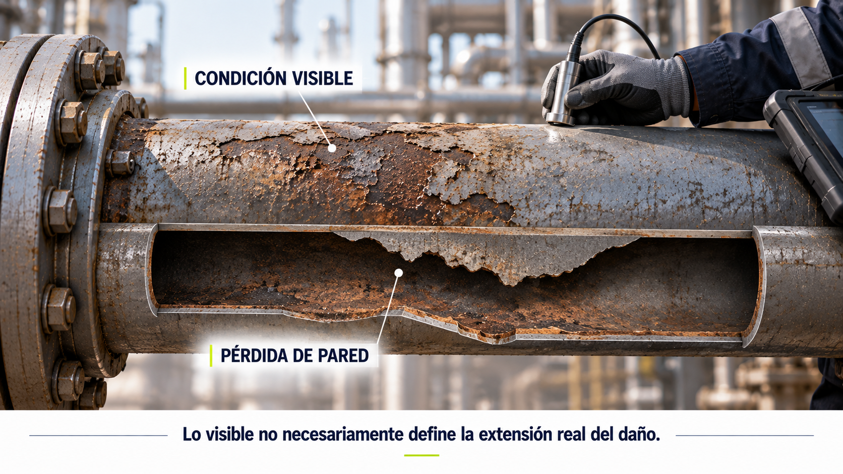 Corrosión y pérdida localizada de espesor en una tubería industrial