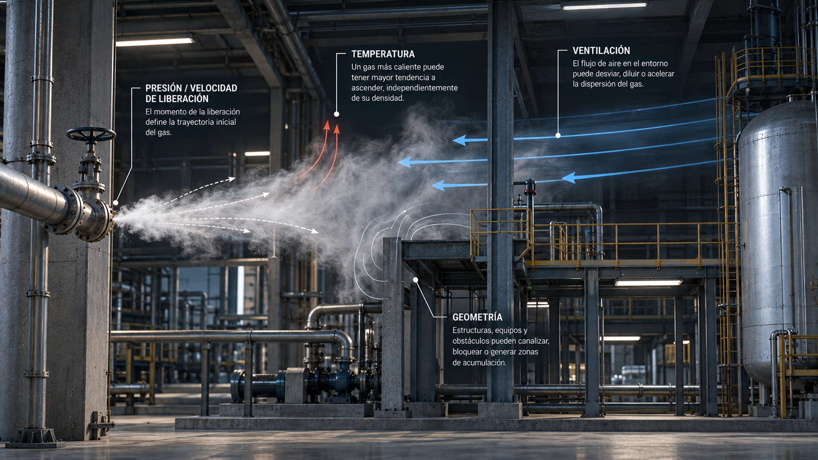 Dispersión de gas influida por temperatura presión ventilación y geometría industrial