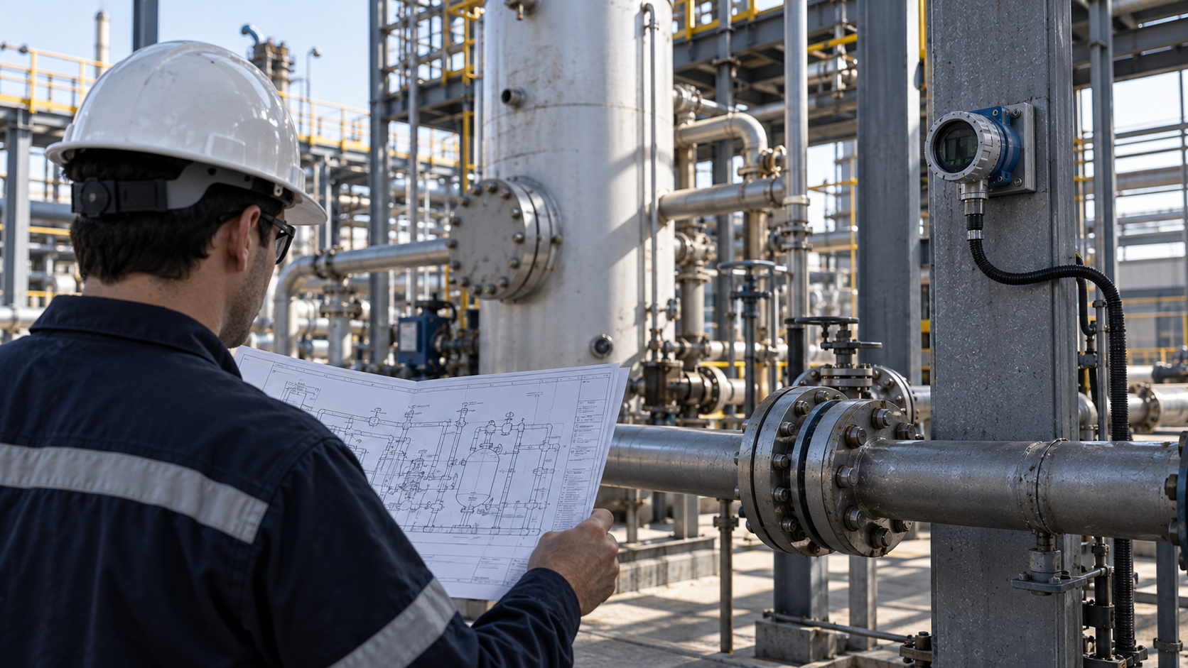 Ingeniero evaluando la ubicación de detectores de gas en una instalación industrial
