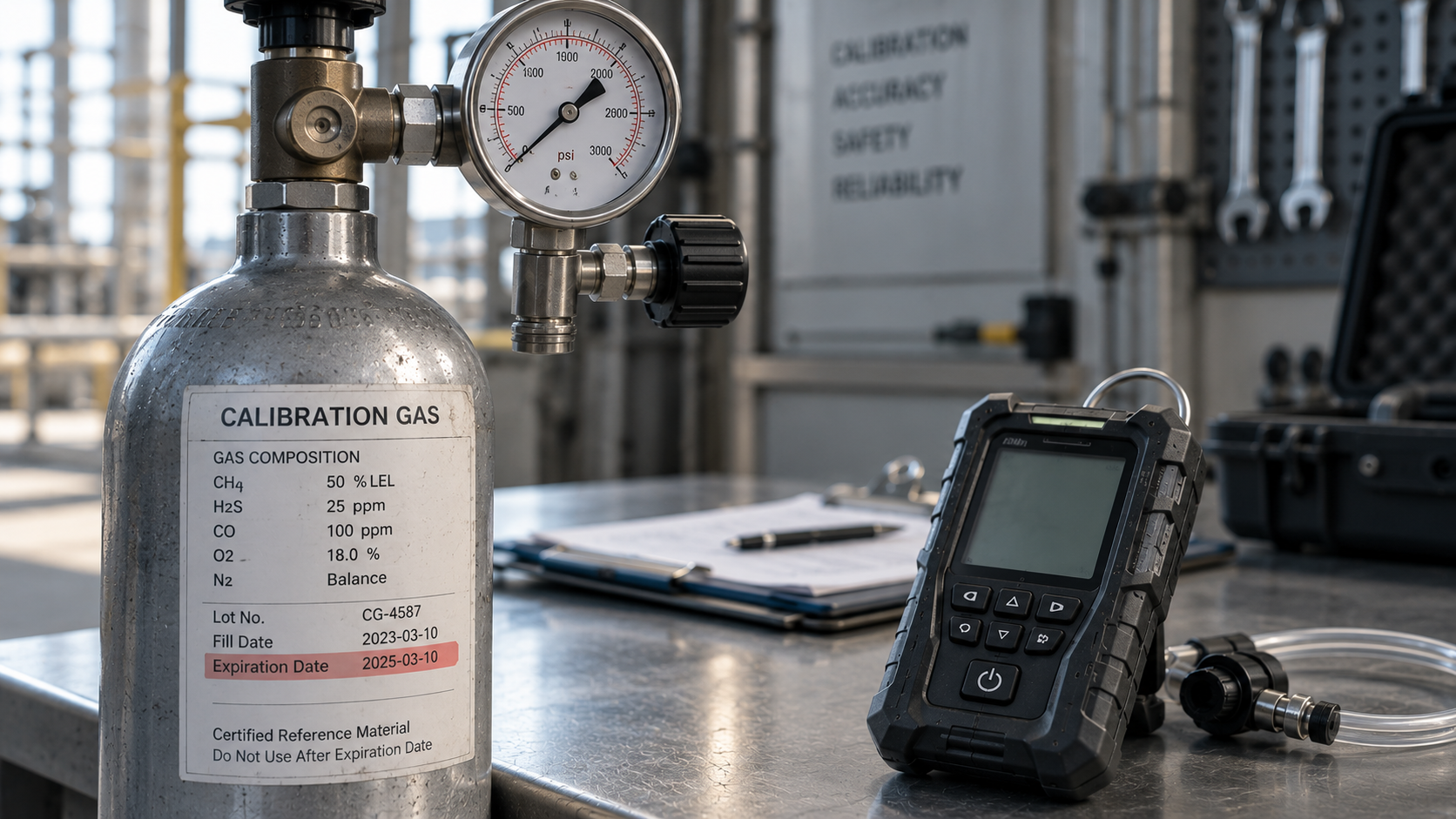 Cilindro de gas patrón con presión disponible y fecha de expiración vencida