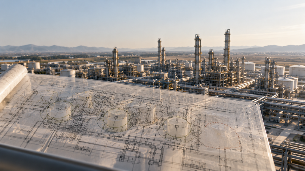 Instalación industrial utilizada para representar una estrategia Fire & Gas aparentemente completa con una discontinuidad en su cobertura conceptual