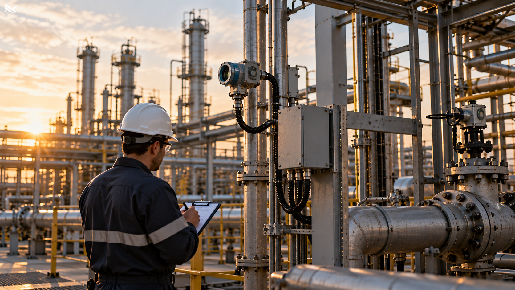 Ingeniero revisando instrumentación e infraestructura de un sistema industrial de detección de gas