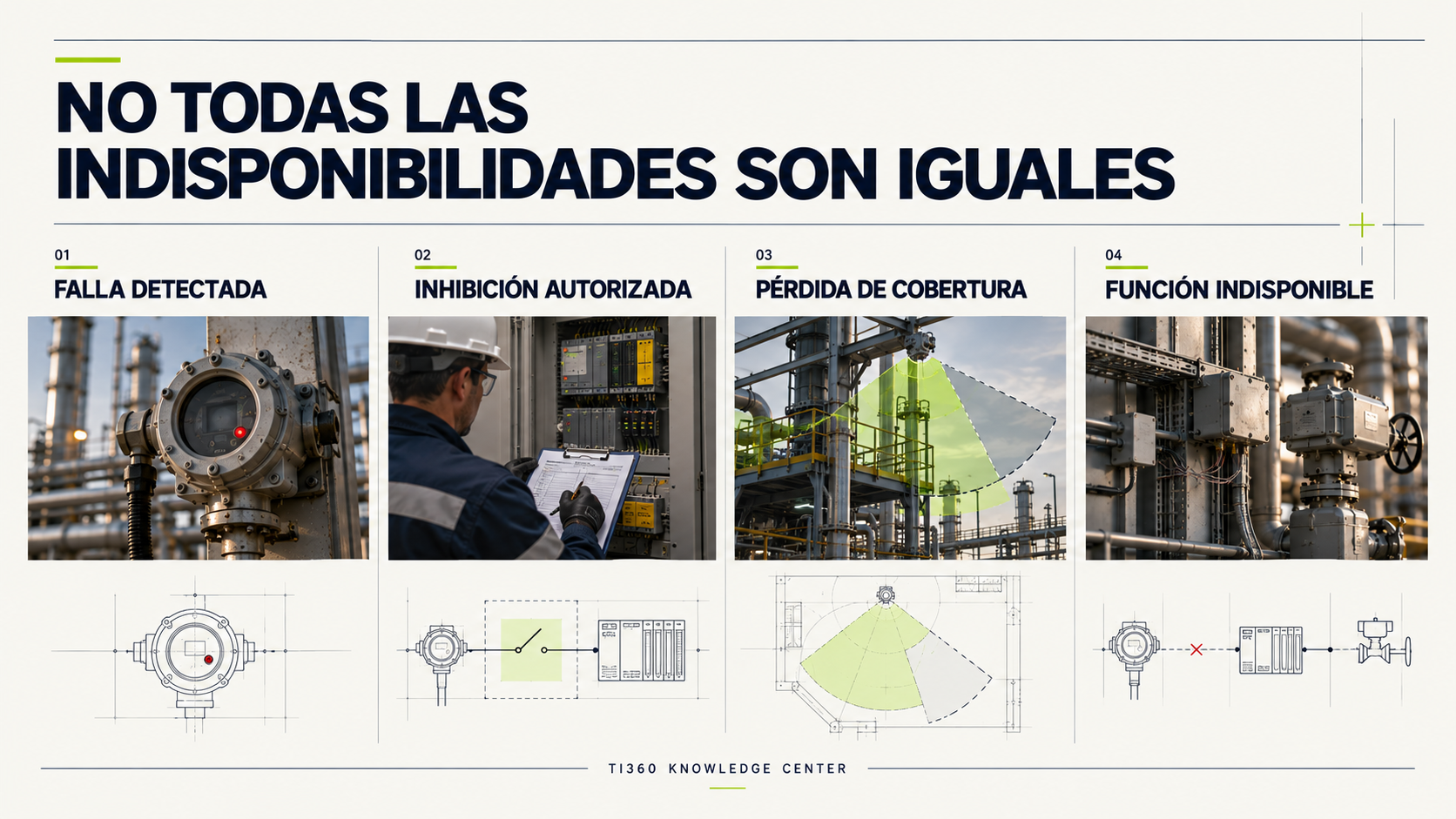 Cuatro tipos de indisponibilidad Fire & Gas: falla detectada, inhibición autorizada, pérdida de cobertura y función indisponible