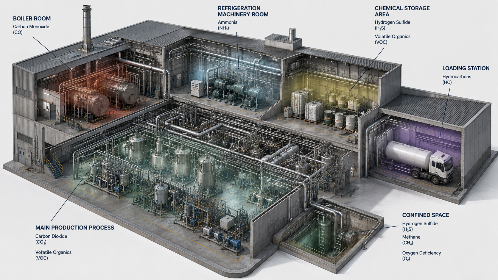 Diferentes escenarios de riesgo de gas dentro de una misma planta industrial