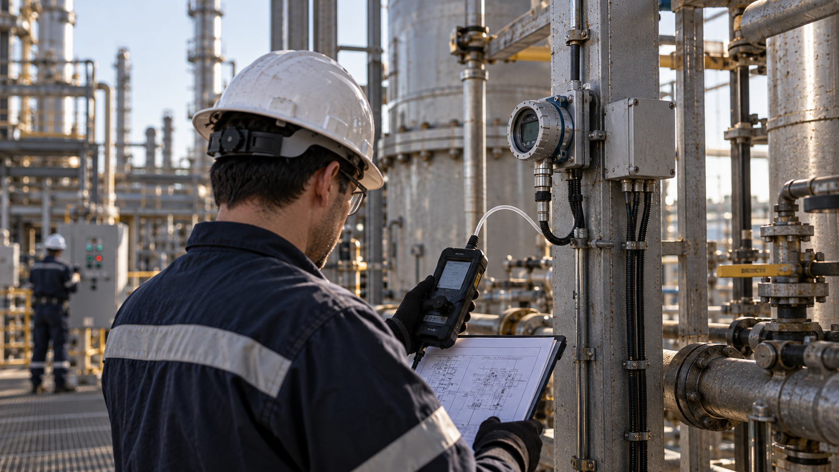 Ingeniero realizando una verificación de instrumentación en un sistema industrial
