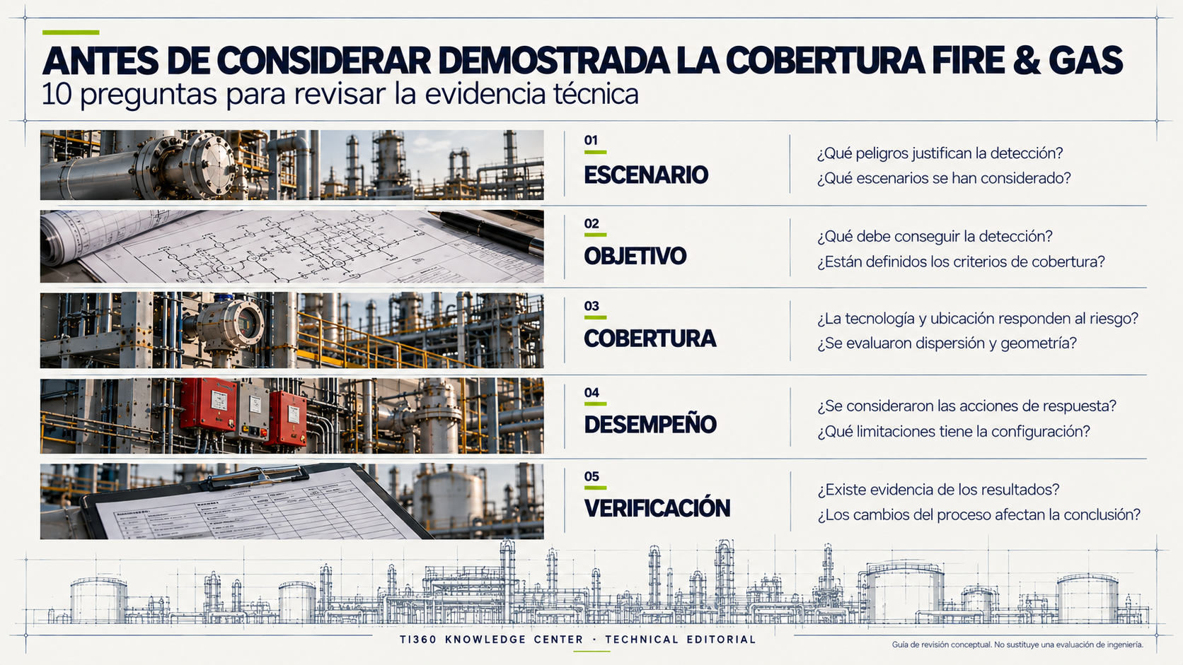 Checklist TI360 con diez preguntas para revisar la evidencia técnica de cobertura de un sistema Fire & Gas.