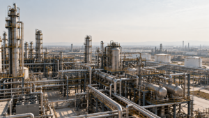 Vista elevada de una unidad de proceso industrial utilizada para ilustrar la evaluación de cobertura de sistemas Fire & Gas.