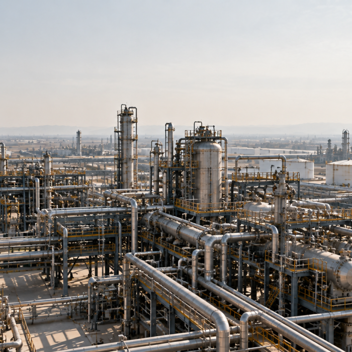 Vista elevada de una unidad de proceso industrial utilizada para ilustrar la evaluación de cobertura de sistemas Fire & Gas.